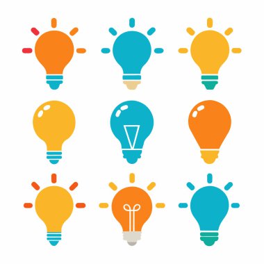 Fikir, yenilik ve ilham simgelerini temsil eden dokuz renkli ampul ikonu seti. Yaratıcı ve enerjik bir dokunuşa ihtiyaç duyan sunumlar, web siteleri ya da pazarlama malzemeleri için mükemmel. Vektör illüstrasyonu, herhangi bir proje için kolayca ölçeklenebilir.