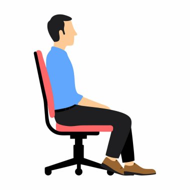 Ergonomik ofis sandalyesinde oturan bir adamın yan profil çizimi. Rahat bir şekilde oturmuş, sağlıklı iş yeri ergonomisi sergiliyor. Vektör grafiği, iş, sağlık ve işyeri güvenliği için ideal, rahat bir duruş içerir