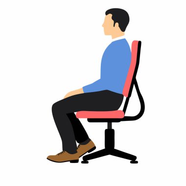 Ofis sandalyesinde mükemmel ergonomik duruşu olan bir adam tasviri. Sağlıklı sırt desteği ve işyeri sağlığı için uygun omurga hizası sağlar. Sunumlar, web siteleri ve sağlık ve sağlık malzemeleri için idealdir. Vektör grafik nükte