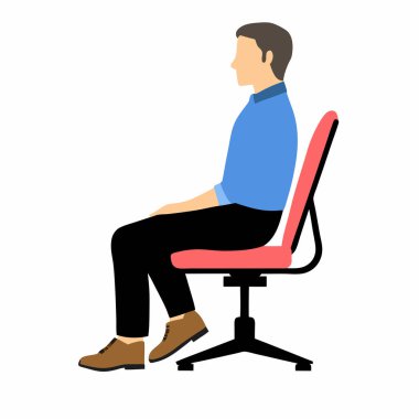 Kırmızı ofis sandalyesinde doğru pozisyonda oturan bir adamın yan profil çizimi. Profesyonel olarak mavi gömlek ve siyah pantolon giyiyor. Sağlıklı ve ergonomik koltuklar sergiliyor. Vektör grafiği beyaz arkaplan üzerinde izole edilmiştir, ideal f