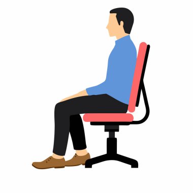 Ergonomik ofis sandalyesinde doğru pozisyonda oturan bir adamın vektör çizimi. Rahat bir şekilde oturuyor, sağlıklı duruşunu ve sırt desteğini sergiliyor. İş sağlığı, ergonomik ve işle ilgili projeler için ideal. Basit, düz.