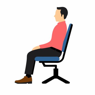 Ofis sandalyesinde doğru pozisyonda oturan bir adamın yan profil çizimi. Vektör grafiği, sağlıklı iş yeri ergonomisi tasvir ediyor, rahat bir iş için uygun sırt ve bel desteği sergiliyor. İş, sağlık ve ergonomi için ideal