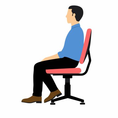 Ergonomik ofis sandalyesinde oturan bir adamın yan profil çizimi. Vektör grafiği, sırt desteği ve refahı vurgulayarak, sağlıklı iş yeri alışkanlıkları sergiliyor. Sunumda kolay kullanım için beyaz bir arkaplanda izole edilmiş