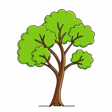 Çocuk kitapları, web siteleri ya da eğitim materyalleri için mükemmel yeşil bir ağacın neşeli bir çizimi. Basit, canlı tasarım temiz beyaz bir arkaplana karşı neşeli yapraklar ve dallar içerir. Kaprisli projeler için ideal.