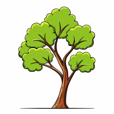 Kahverengi gövdeli yeşil yapraklı bir ağacın garip bir karikatür çizimi. Çocuk kitapları, web siteleri ya da oyunculuk gerektiren her proje için mükemmel. Vektör grafiği kolay kullanım için beyaz bir arkaplanda izole edilmiştir. Canlı renkler 