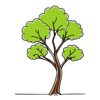 Yeşil yapraklı ve kahverengi gövdeli bir ağacın beyaz bir arka planda izole edilmiş neşeli, basit bir karikatür çizimi. Çocuk kitapları, web siteleri ya da doğa temalı bir grafiğe ihtiyaç duyan her proje için mükemmel. Bahar ya da yaz mevsimi için ideal