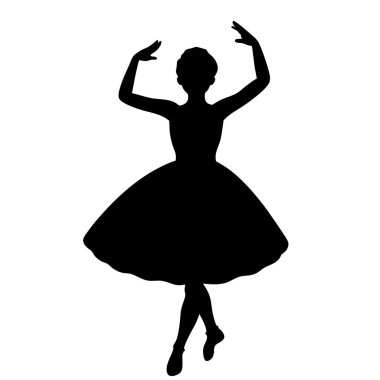 Zarif dans pozisyonu almış siyah beyaz bir balerin silueti. Bale, dans, sanat ve kadınsı güzellikle ilgili projeler için mükemmel. Yüksek kaliteli stüdyo çekimi, baskı ve dijital kullanım için ideal. Vektör illüstrasyonu kullanılabilir.