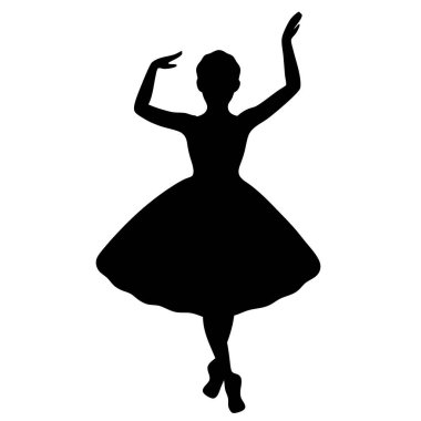 Zarif dans pozisyonu almış zarif bir balerin silueti. Klasik, sanatsal bir his gerektiren projeler için mükemmel. Yüksek kalite vektör grafiği, baskı veya web kullanımı için ideal. Siyah ve beyaz tasarım, dansçının biçimini ve hareketini vurgular..
