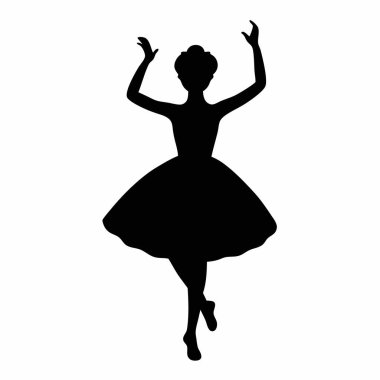 Zarif bir dans pozunda zarif bir balerin silueti. Klasik, sanatsal bir his gerektiren projeler için mükemmel. Yüksek çözünürlüklü vektör grafiği, baskı ve web tasarımı için ideal. Siyah ve beyaz siluet çeşitli renk şemaları için çok yönlülük sunar. 