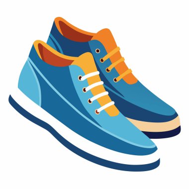 Şık mavi ve turuncu spor ayakkabılar, izometrik çizimler. Moda blogları, giyim siteleri ve reklamcılık için mükemmel bir günlük ayakkabı tasarımı. Rahat ve enerjik, bu modern spor ayakkabıları çağdaş stili temsil ediyor. Gösterim için ideal yer