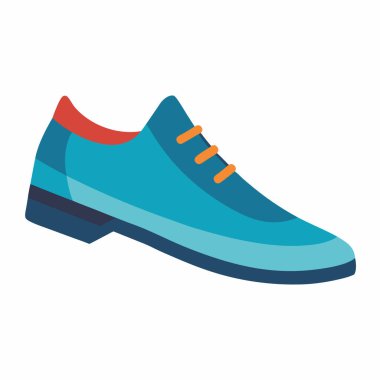Moda blogları, web siteleri ve giyim tasarımları için mükemmel tek bir mavi ayakkabının şık vektör çizimi. Minimalist, düz bir dizayn, beyaz arka planda izole edilmiş, deniz mavisi ve turuncu aksanlı. Modern ayakkabıları sergilemek için ideal. 