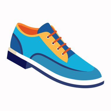 Moda blogları, web siteleri ve giyim pazarlama için mükemmel, şık mavi bir ayakkabı tasarımının canlı vektör çizimi. Turuncu aksanlar ve detaylı bağcıklar var. İlkbahar ve yaz koleksiyonuna uygun modern, modaya uygun ve rahat tasarım