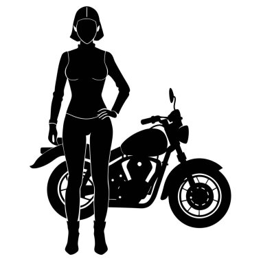 Motosikletli kendine güvenen bir kadın motorcunun şık silueti. Güçlü ve bağımsız bir kadın imajına ihtiyaç duyan tasarımlar için mükemmel. Yüksek çözünürlüklü vektör grafiği, çeşitli uygulamalar için kolayca ölçeklenebilir. Logolar, posterler, giysiler ve sabahlar için ideal.