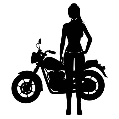 Güçlü, bağımsız bir kadının silueti özel motosikletinin yanında güvenle duruyor. Özgürlük, bağımsızlık ve kadın gücünü temsil eden güçlü, şık ve sembolik bir imaja ihtiyaç duyan projeler için mükemmel. Yüksek çözünürlüklü vektör gra