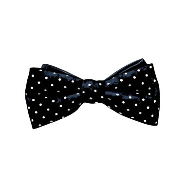 Beyaz benekli klasik siyah papyon, beyaz arka planda izole edilmiş. Moda blogları, web siteleri ve davetiyeler için mükemmel. Zarif ve minimalist tasarım. Resmi etkinlikler, düğünler ya da erkek giyim illüstrasyonuna biraz entelektüellik katmak için idealdir.