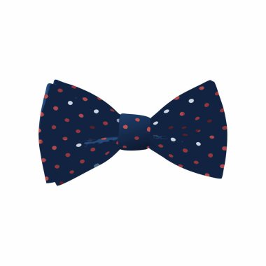 Kırmızı ve beyaz benekli klasik bir lacivert papyon. Resmi kıyafetlere oyuncu entelektüellik katmak için mükemmel. Düğün fotoğrafçılığı, damat portreleri ya da herhangi bir kutlama etkinliği için ideal. Yüksek çözünürlüklü resim, izola