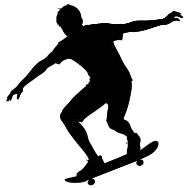 Beyaz arka planda beyaz kaykaylı siyah tişörtlü bir adamın silueti..