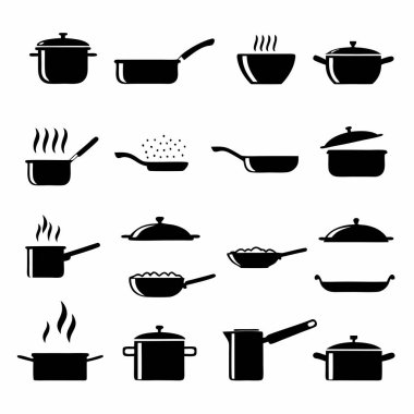 Mutfak ekipmanlarının siyah siluetleri, vektör
