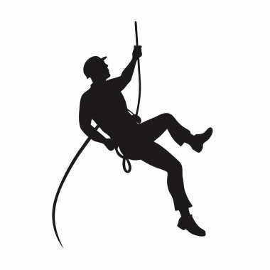 Dağcı siluet vektörü. Dağcı. Adam tırmanıyor. Siyah ipli adam. tırmanma ekipmanı. Tırmanma halatındaki adam. Ekstrem sporlar ekstrem spor.