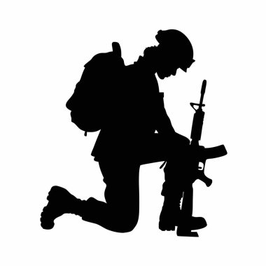 Beyaz arkaplan vektör çiziminde silahlı askerin silueti