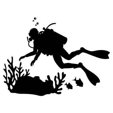 Tüplü dalgıç silueti. dalış dalgıcı.