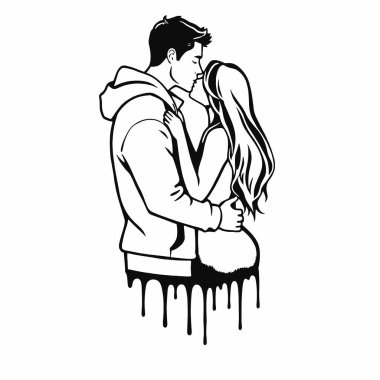 Sarılıp öpüşen bir çiftin silueti. Şekiller şık bir şekilde özetlenmiştir (12)