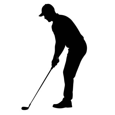 Golf topuyla golf oyuncusu, beyaz arkaplanda izole edilmiş siluet vektör çizimi