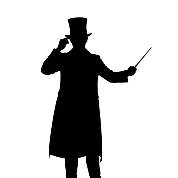 vector silhouette of man playing with magician on white background.