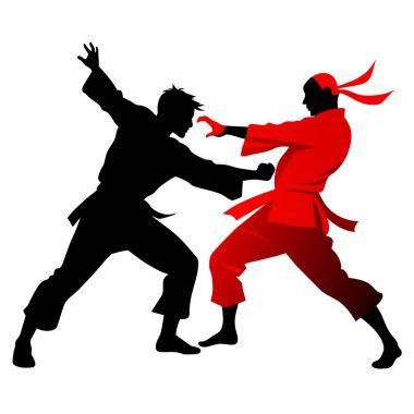 İki karateka beyaz bir arkaplan karşısında şiddetli bir savaş içindeler (3))