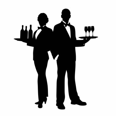 İki mutlu adamın silueti, gelin ve damat ellerinde şarap kadehleri.