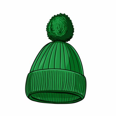 yeşil örülmüş şapka. Örgü şapka. Beyaz arkaplanda vektör illüstrasyonu.