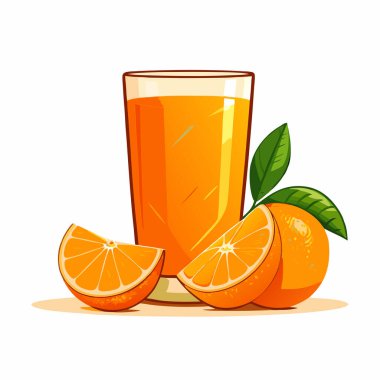 Beyaz zemin üzerinde portakal suyu ve yeşil nane yaprakları olan bir bardak portakal suyu. vektör illüstrasyonu