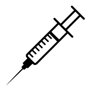 İğneli tıbbi bir şırınganın basit bir siyah beyaz çizimi. Şırıngada hacmi gösteren siyah işaretli temiz bir namlu var. Pompa namlunun içinde görünür ve iğne keskin ve sivri. Görüntü temiz, grafik