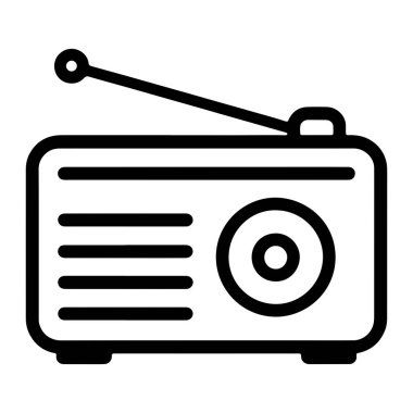 Klasik bir radyonun basit bir siyah beyaz çizimi. Radyonun yuvarlak köşeleri olan dikdörtgen bir gövdesi var. Önünde bir hoparlör ızgarasını temsil eden yatay çizgiler ve eş merkezli daireler olan dairesel bir şekil var.