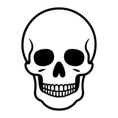 Bir insan kafatasının basit bir siyah beyaz çizimi. Kafatası, siyah çizgiler ve göz çukurları, burun boşluğu ve dişler için koyu siyah dolgu ile önden tasvir edilir. Arkaplan düz beyaz.