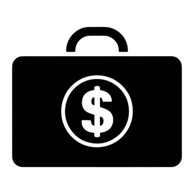 Önünde beyaz bir dairenin içinde beyaz dolar işareti olan bir evrak çantasının siyah simgesi. Çantanın üstü yuvarlak ve sapı var. Görüntü basit, düz bir grafik çizimi.