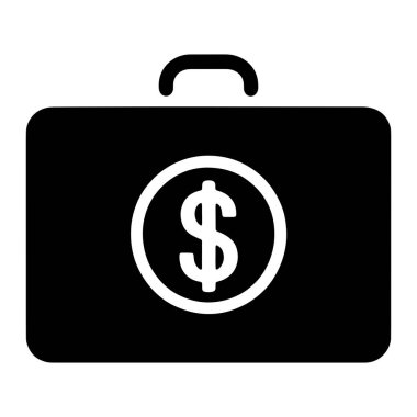 Önünde beyaz bir dairenin içinde beyaz dolar işareti olan siyah bir evrak çantasının simgesi. Evrak çantasının üstü yuvarlak, köşeleri de yuvarlak. Genel tasarım minimalist ve grafiktir..