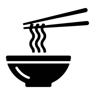 Siyah bir grafik, siyah bir kasenin üzerinde birkaç dalgalı erişte tutarken bir çift yemek çubuğu tasvir ediyor. Erişteler buğulanmış gibi görünüyor. Dalgalı çizgilerin yükselişinden anlaşılıyor. Görüntü minimalisttir ve sadece siyah ve beyaz kullanır..