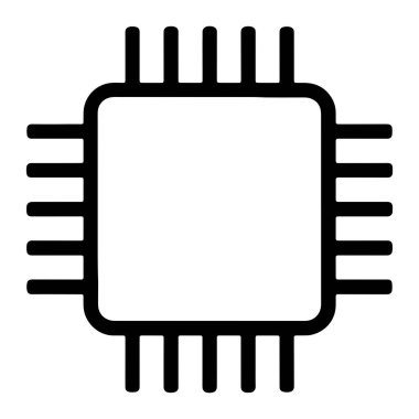 Basit bir bilgisayar işlemci çipinin siyah beyaz grafik simgesi. Çipin yuvarlak köşeleri ve dört tarafından dışa doğru uzanan birden fazla iğnesi olan kare bir merkezi gövdesi vardır. Çizgiler kalın ve kalın, açık ve minimali oluşturuyor.