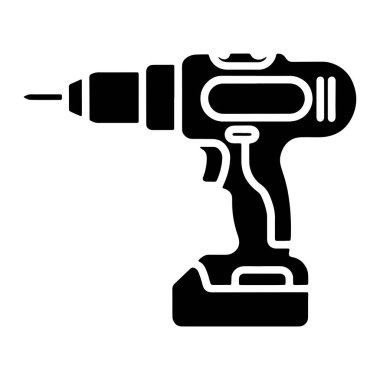 Üzerinde matkap ucu olan kablosuz matkabın siyah bir silueti beyaz arka planda gösteriliyor. Matkabın tetikleyicisi, tabanında bir pil ve ucu tutan bir Chuck var. Tasarım basit ve ikoniktir.