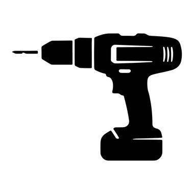 Kablosuz bir matkabın siyah silueti ve Chuck 'ın içine yerleştirilmiş matkap ucu. Matkabın tabanında batarya ve tetik mekanizması var. Resim beyaz bir arkaplanda izole edilmiştir.