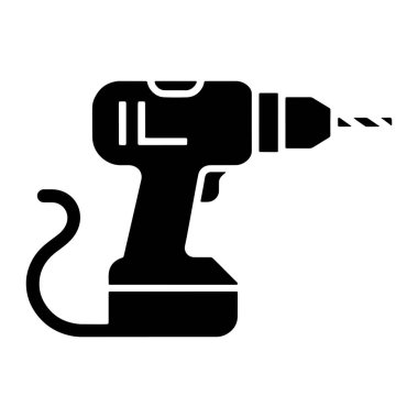 Kablosuz matkabın siyah bir silueti beyaz arka planda resmedilir. Matkap desenli bir kavrama alanına, bir tetiğe ve tabanında bir bataryaya sahiptir. Matkabın arkasından sarmalanmış bir kablo uzanıyor ve matkap ucu da...