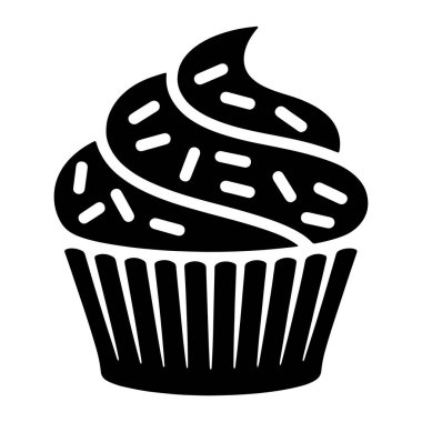 Donmuş kremalı ve serpiştirilmiş siyah bir kek silueti. Kek flütlü bir kağıt kaplamayla sunuluyor. Resim, beyaz bir arkaplanda basit bir grafik gösterimidir.