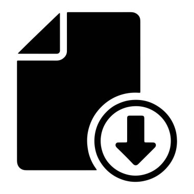 Siyah bir ikon, solda katlanmış köşeli bir belge tasvir ediyor. Belgenin sağında, dairesel bir anahat yine siyah olmak üzere aşağı doğru bir ok içeriyor. Arkaplan beyaz.