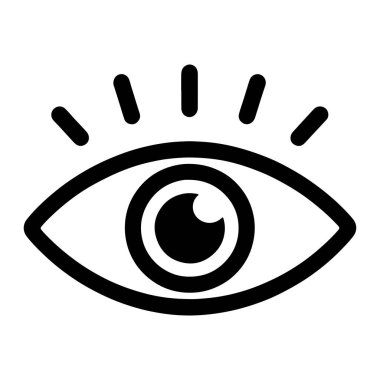 Bir gözü tasvir eden minimalist siyah beyaz grafik ikonu. Göz, göz kapağı ve göz kapağı için kalın siyah bir hatla stilize edilir. Gözün içinde, daha küçük siyah bir daire öğrenciyi temsil eder. Gözün üstünde, birkaç kısa, kalın siyah çizgi ışıldar. 