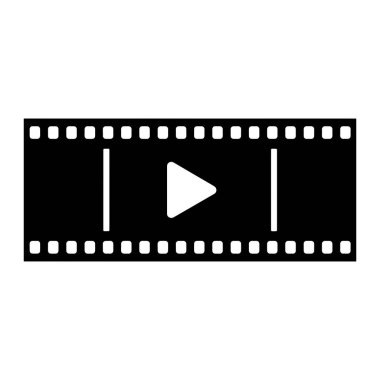 Ortasında beyaz bir çalma tuşu olan siyah bir film grafiği. Film şeridinde üst ve alt kenarlar boyunca bir dizi beyaz delik var. Film şeridinde iki dikey beyaz çizgi görünür, her iki tarafta da oynat düğmesi. Geri kafalı.