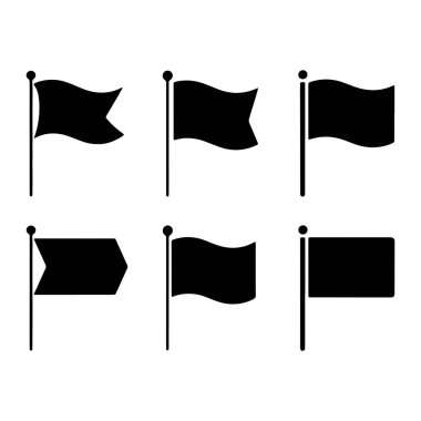 Direkler üzerinde altı siyah siluet bayrak koleksiyonu. Bayraklar şekil ve yönelimde değişiklik gösterirken, bazıları dalgalanıyor ve diğerleri sabit duruyor. Simgeler düz beyaz bir arkaplanda sunuluyor.