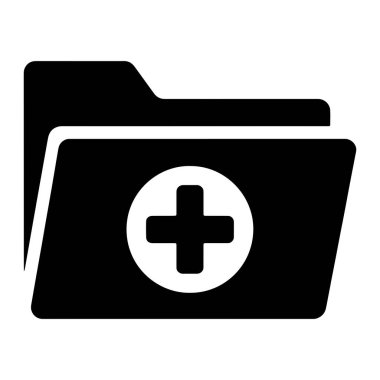 Siyah bir grafik simgesi, ortasında beyaz artı sembolü olan beyaz bir daireye sahip açık bir klasörü betimler. Klasörde yuvarlak köşeler ve temiz, minimalist bir tasarım var. Arkaplan beyaz.