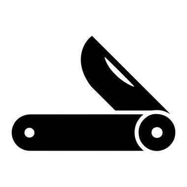 Katlanan bir bıçağın basit bir siyah silueti beyaz arka plana karşı tasvir edilir. Bıçak kısmen açık bir durumda gösteriliyor, bıçak yukarı doğru açılı ve sapı yatay olarak uzatılmış. Sapında iki küçük dairesel çukur var.