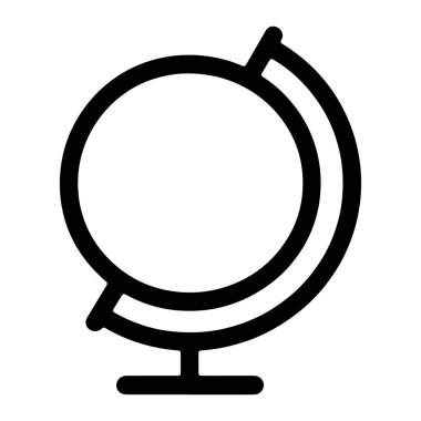 Basit bir siyah beyaz küre ikonu. Küre, Dünya 'yı temsil eden kalın siyah bir hatla bir daire şeklinde tasvir edilir. Ayrıca kalın siyah çizgilerle çizilmiş düz bir taban ve kavisli bir koldan oluşan bir standın üzerine monte edilir. Arka plan...
